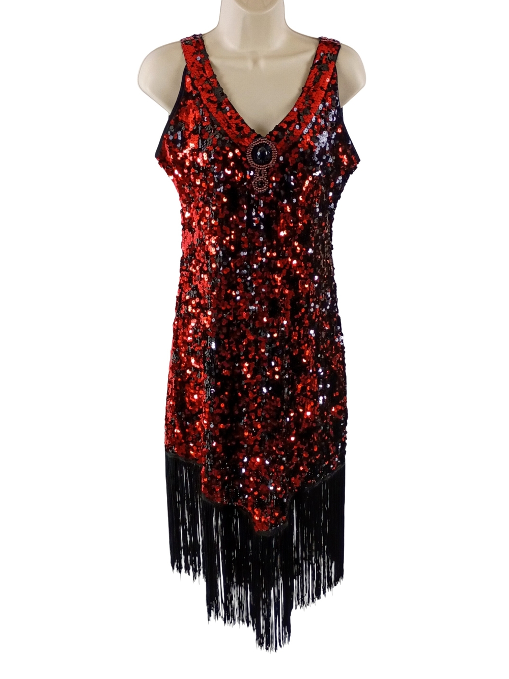 Red And Black Sequin Fringe V-Neck Flapper Party Dress - Picture 2 of 10